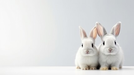 Obraz premium cute animal pet rabbit or bunny white color smiling and laughing isolated with copy space for easter background, rabbit, animal, pet, cute, fur, ear, mammal, background, celebration, generate by AI