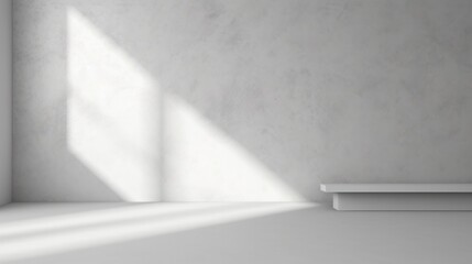 abstract. minimalistic background for product presentation. walls in  large empty room greyish white. can full of sunlight. Loft wall or minimalist wall. Shadow, light from windows to plaster wall