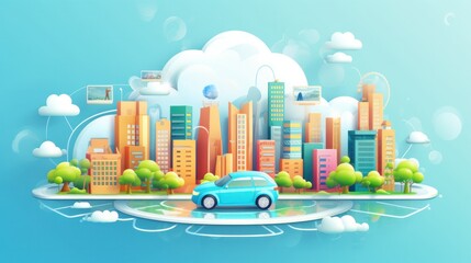 Social networking city and town with automation car on the world symbols moving from buildings to cloud using wifi. Vector illustration, penology, communication, generation, modern, generate by AI