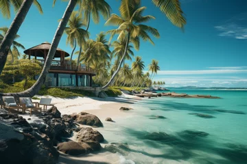 Crédence de cuisine en verre imprimé Bora Bora, Polynésie française Tropical bungallow on the amazing beach with a palm tree