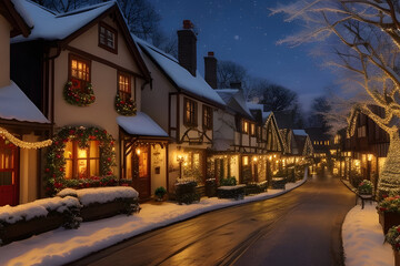 Fototapeta na wymiar snowy city winding lane Lights a street with holiday downtown denver at christmas decoration