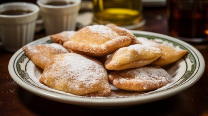 Plate of Buuelo Freshly Fried and Topped with Cinnamon and Powdered Sugar