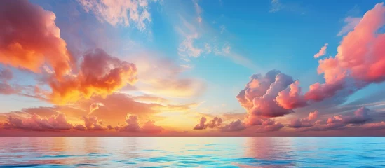 Fotobehang Colorful sunset sky over Mediterranean Sea clouds with sunrays cloudscape nature background panorama © AkuAku