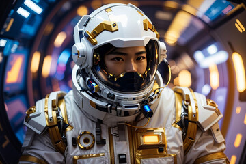 cyberpunk man future tech white gold suit