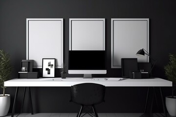 Bright contemporary workspace with a desk and computer. Display frames are used as placeholders for artwork. Generative AI