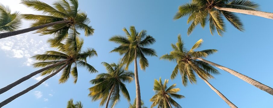 Low angle tropical palm trees with blue sky copy space background