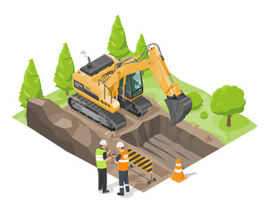 Obraz na płótnie Canvas land development concept backhoe clearing in forest isometric and enginneer working with worker islolated