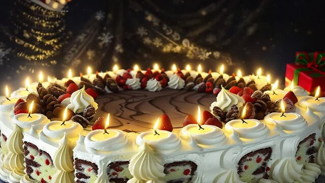 Birthday Festive Cake With Lighted Candles. Burning Candles In A Birthday Cake For A Home Holiday. Zoom In.