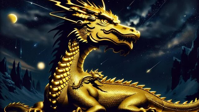 big golden dragon against a dark blue starry sky. celebration of the eastern lunar new year. abstract fantasy background. zoom in.