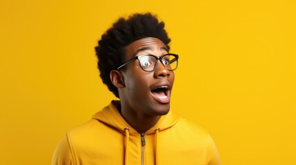 A Burst of Surprise A Man's Gesture on a Yellow Background - obrazy, fototapety, plakaty