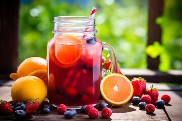 A colorful glass of icy fruit punch nestled among a selection of ripe summer fruits on an old-fashioned wooden table