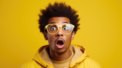 A Burst of Surprise A Man's Gesture on a Yellow Background - obrazy, fototapety, plakaty
