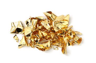 Many pieces of edible gold leaf isolated on white, top view