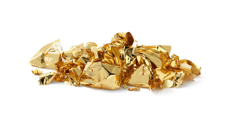 Pile of edible gold leaf on white background