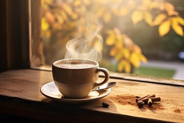 Morning serenity captured in a warmly lit shot of nutmeg coffee on a rustic table