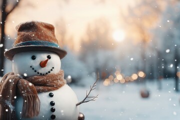 A festive Christmas background image featuring a charming snowman and providing space for personalization to add your creative touch to the holiday theme. Photorealistic illustration