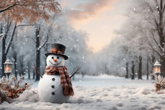 An ideal background image for creative content during the holiday season, featuring a festive snowman with ample space for personalization and customization. Photorealistic illustration