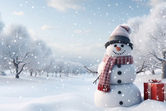 A festive Christmas background image showcasing a snowman in a wintry forest, with ample space for customization, providing a perfect backdrop for creative content. Photorealistic illustration