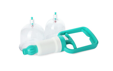 Plastic cups and hand pump isolated on white. Cupping therapy