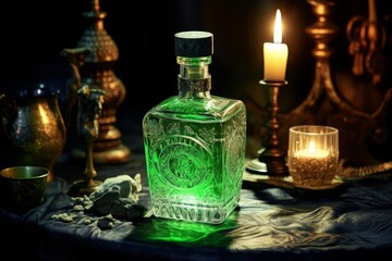 Obraz na płótnie Canvas The Green Fairy: A Classic Bottle of Absinthe Displayed with Traditional Accessories under Candlelight