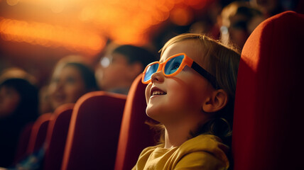 映画館でメガネをかけて映画を見る子供
