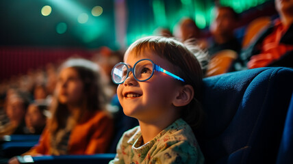 映画館でメガネをかけて映画を見る子供
 - obrazy, fototapety, plakaty