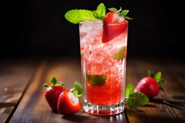 Close-Up of a Delicious Strawberry and Mint Cooler with Ice on a Rustic Table Setting