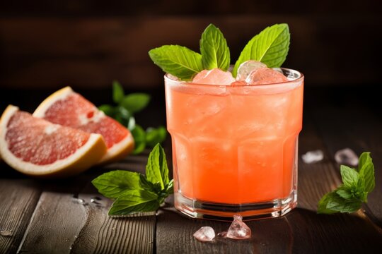 A vibrant glass of homemade grapefruit and basil cooler on a rustic backdrop