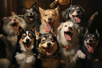 Group of canines celebrating the arrival of a new year. Generative AI