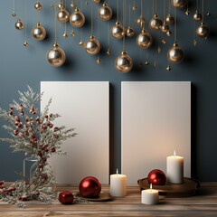 two empty christmas frames in white with xmas decoration