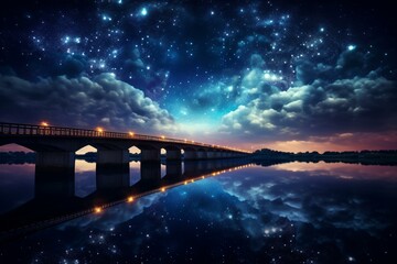 A nighttime bridge over water with a starry sky above, reflected in the water. Generative AI