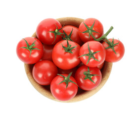 Bowl with fresh ripe cherry tomatoes isolated on white, top view