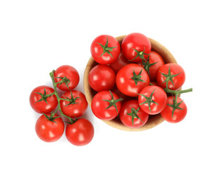 Bowl with fresh ripe cherry tomatoes isolated on white, top view