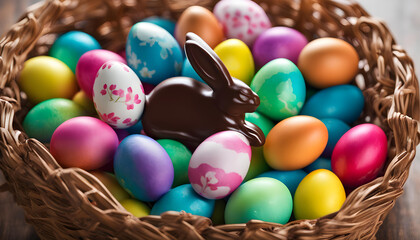 Fototapeta na wymiar chocolate bunny and easter eggs in a basket