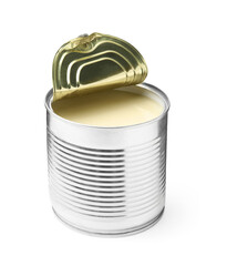 Open tin can with condensed milk isolated on white