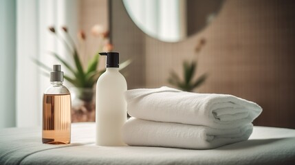 Fototapeta na wymiar composition on massage spa beauty treatment table wellness center, towel treatment product