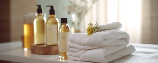 composition on massage spa beauty treatment table wellness center, towel treatment product - obrazy, fototapety, plakaty