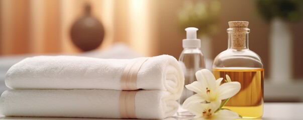 Obraz na płótnie Canvas composition on massage spa beauty treatment table wellness center, towel treatment product