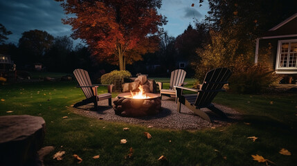 Outdoor fire pit in the backyard, with lawn chairs arranged around a backyard fire pit generative ai - obrazy, fototapety, plakaty