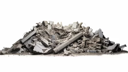 Fotobehang Panorama. A pile of gray concrete debris remains of a destroyed building on a white. generative ai © Witri