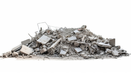 Panorama. A pile of gray concrete debris remains of a destroyed building on a white. generative ai - obrazy, fototapety, plakaty