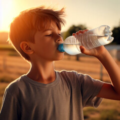 Boy drinking cold water from a plastic bottle on a hot day