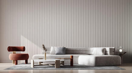 Modern interior of living room with white sofa decoration on empty beige tile color wall background. 3d render.