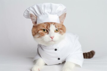 Humorous feline in chef outfit against white backdrop. Generative AI