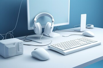 A 3D rendering of a white pc monitor, headphones, mouse, keyboard on a desktop, all in blue. Copy space is available. Generative AI