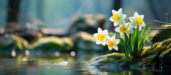 Narcissus blooming in a garden - obrazy, fototapety, plakaty