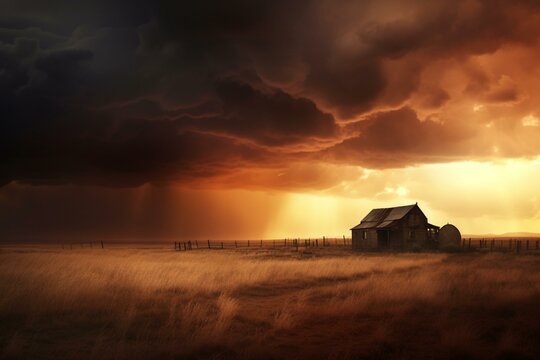 Illustration of storm clouds hanging over a farm. Generative AI