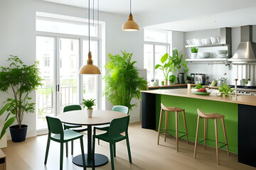 Open kitchen with empty dining room table and chairs outside, against green fresh plants in the background. Modern dining room