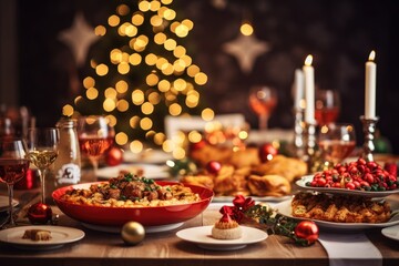 The holiday meal arranged on the dining table with the Christmas tree forming a picturesque setting behind