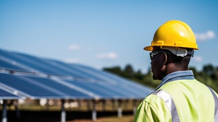 real photo of worker near the solar plant field